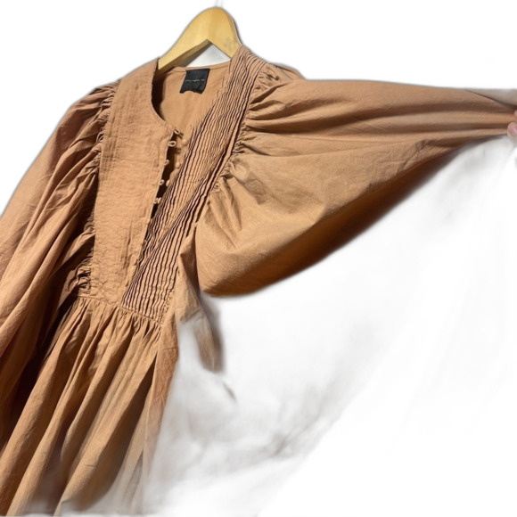 Hotel Particulier Billowy Sleeves Bohemian Chic Cotton Mini Camel-Brown Dress S - Picture 6 of 10